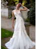 Ivory Wrapped Lace Tulle Slit Wedding Dress